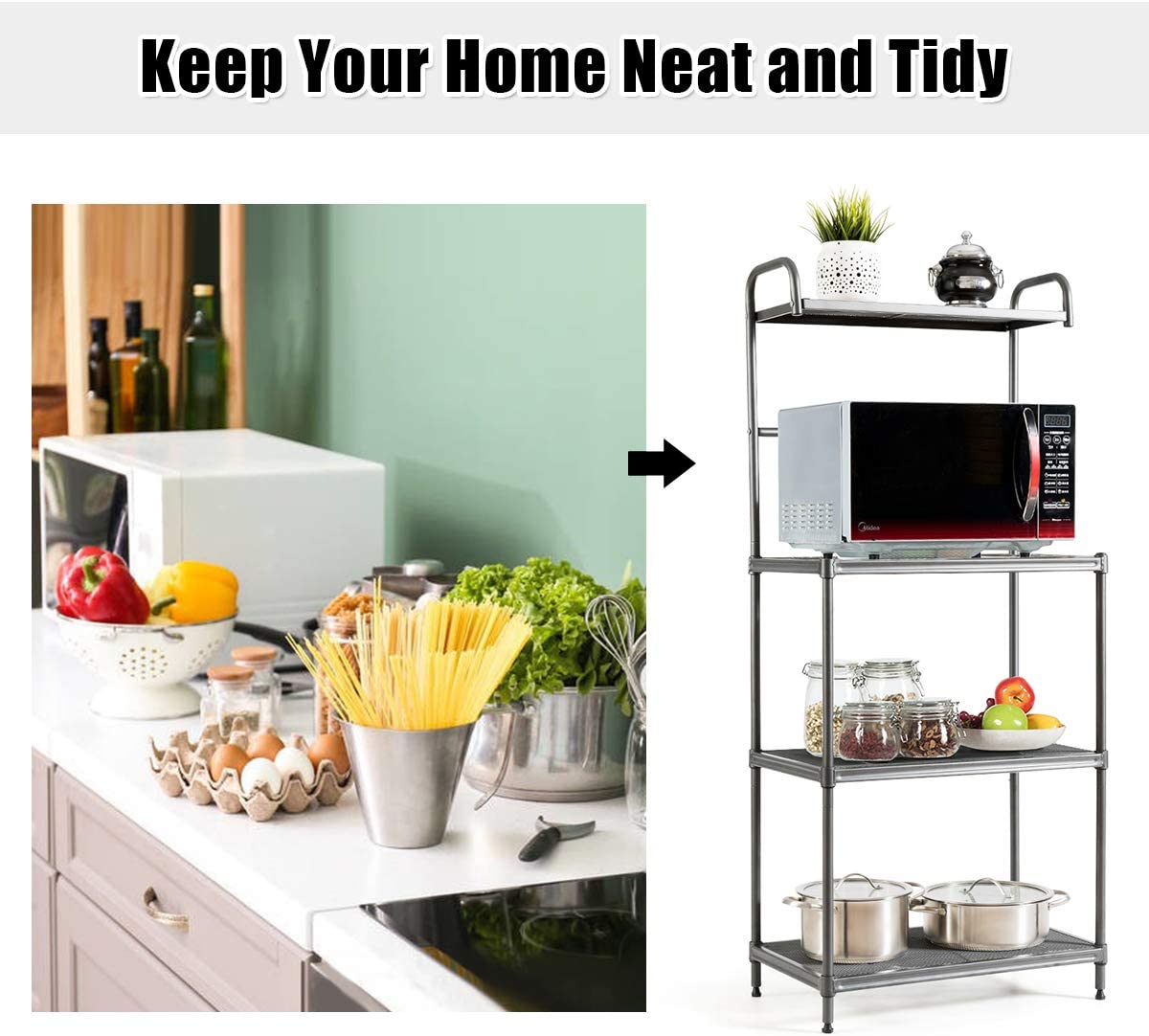 4-Tier Kitchen Microwave Storage Rack Oven Stand Strong Mesh Wire Metal Shelves Free Standing Baker's Rack， Silver