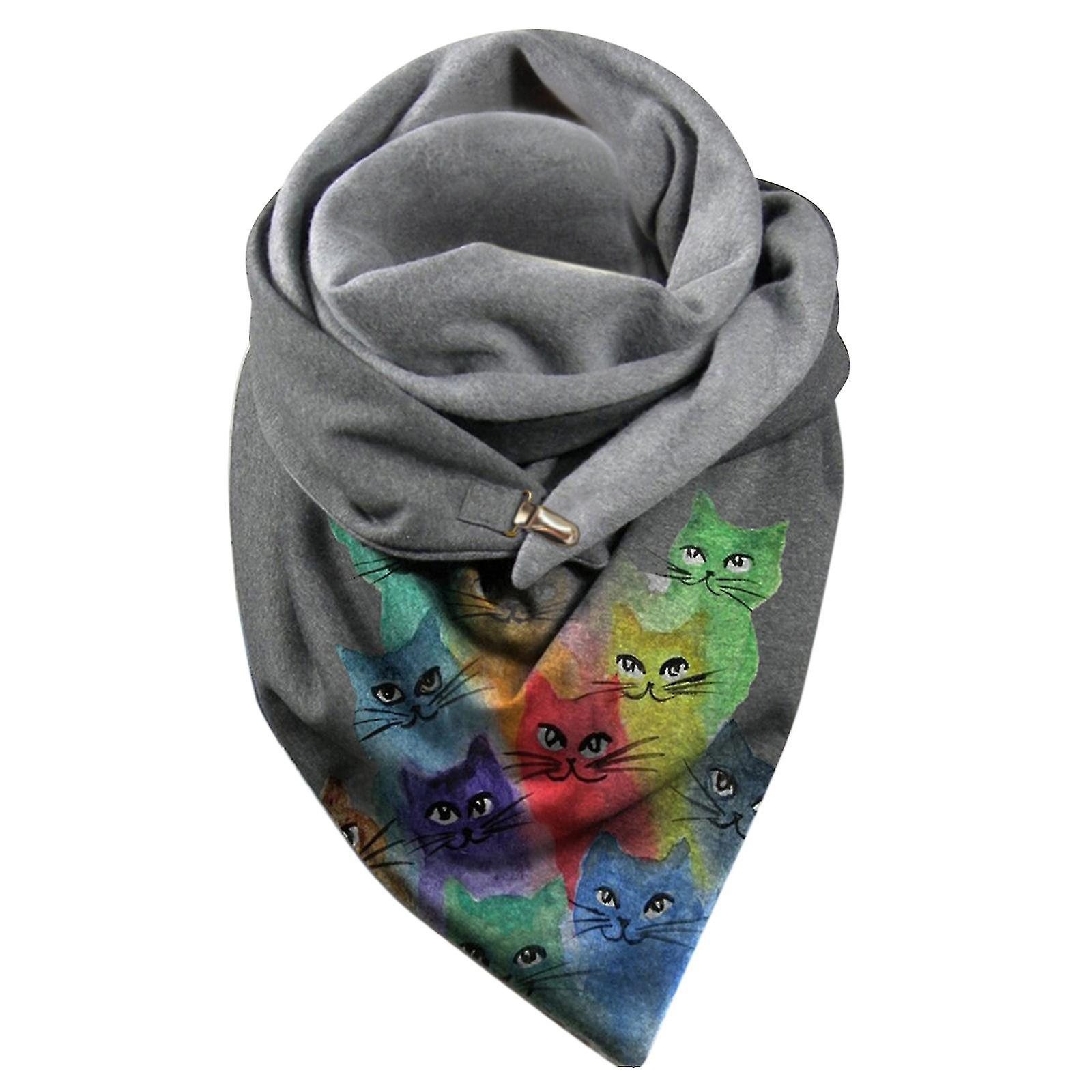 Women Casual Cat Printing Scarf Fashion Retro Multi-purpose Shawl Button Scarf