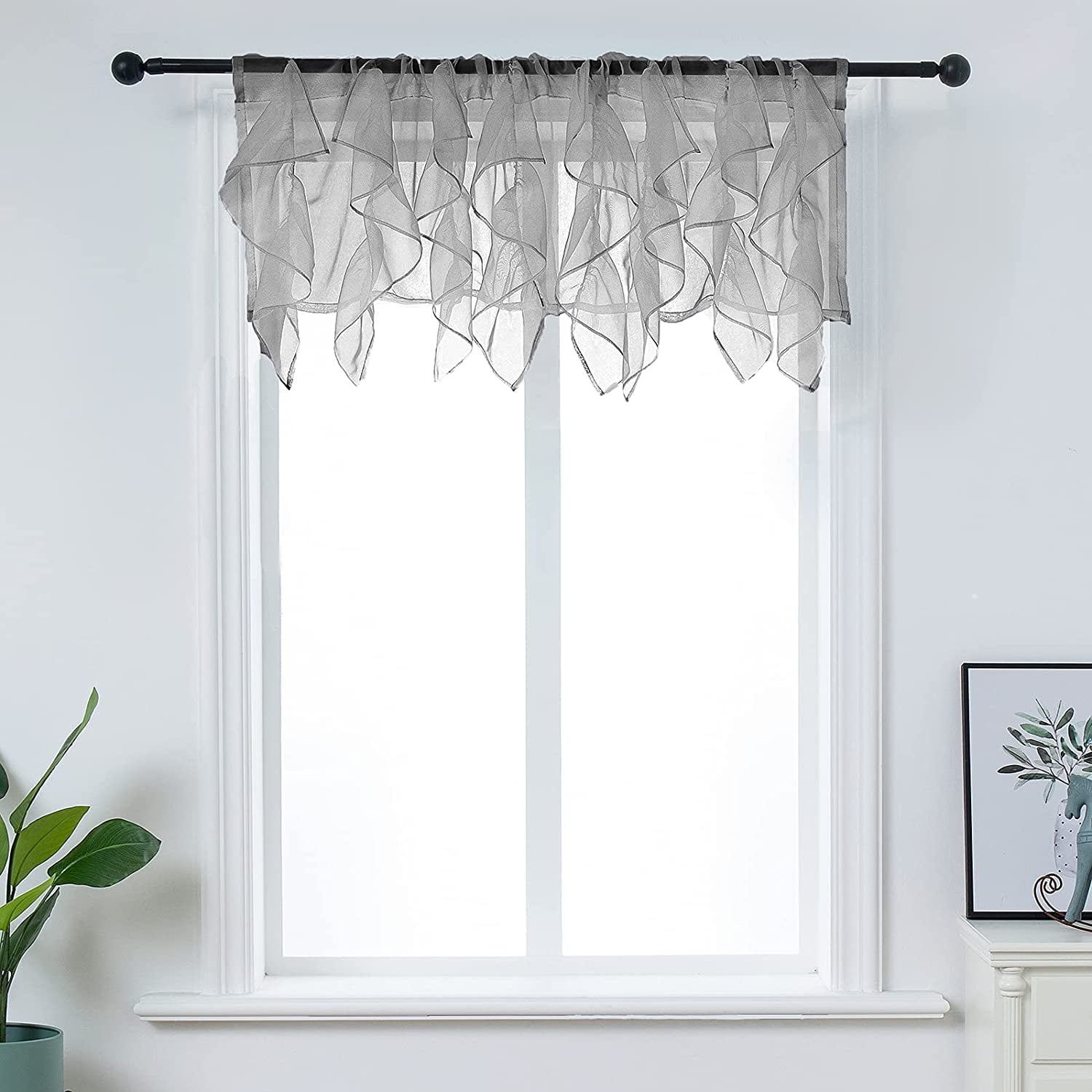 PearAge Ruffled Voile Semi Sheer,Window Curtain Valance Treatment for Kitchen, 50W x 16L Grey 1PC