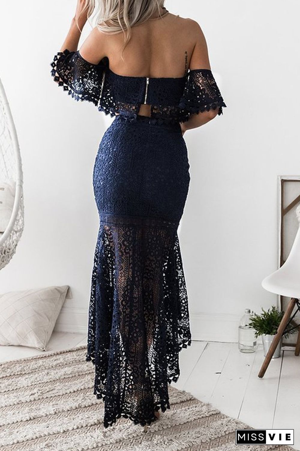 Lace Hollow-out Tube Crop Top High Low Hem Skirt 2 Piece Set Wholesale