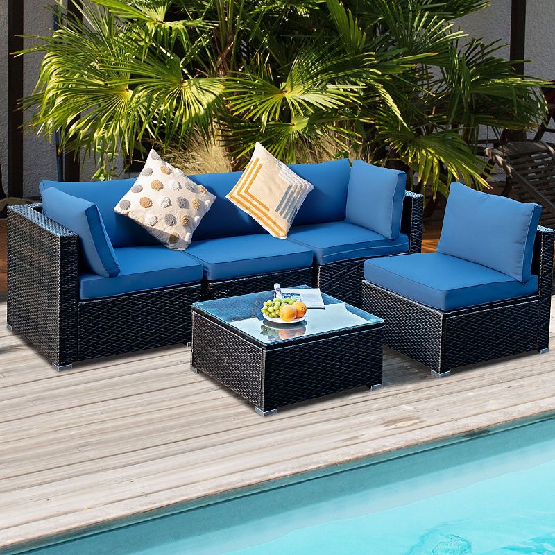 5 Pieces Cushioned Patio Rattan Furniture Set with Glass Table