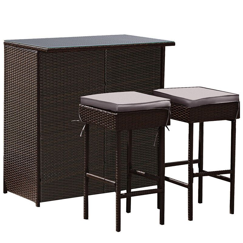 3 Pieces Patio Rattan Wicker Bar Table Stools Dining Set