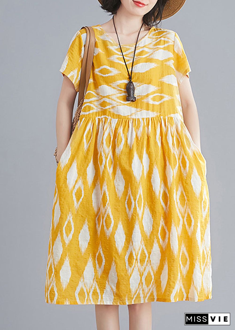 Bohemian Yellow O-Neck Wrinkled Print Cotton Beach Dresses Short Sleeve