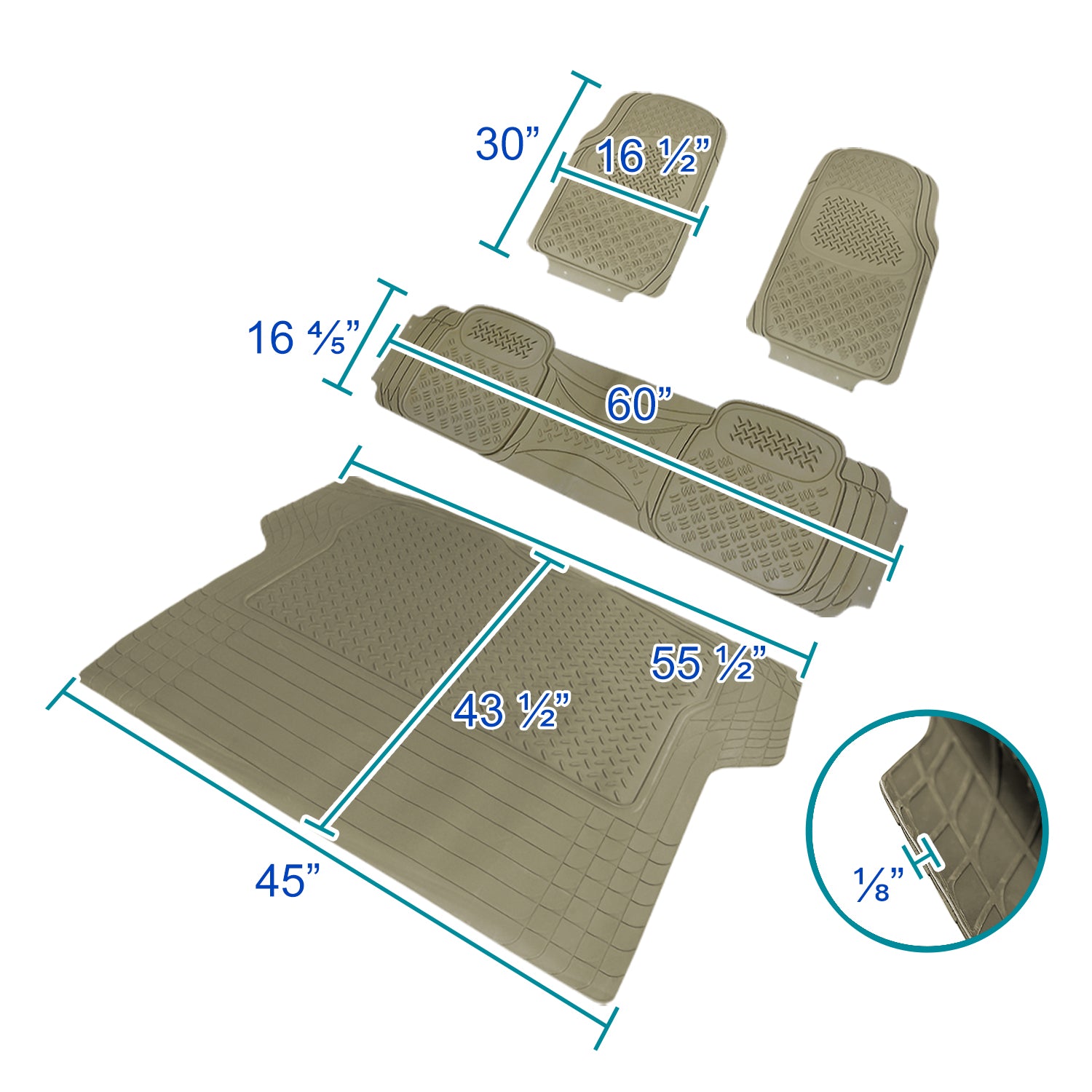 Spec-D Tuning Universal Fitment 4 Piece Beige Heavy Duty All Weather 3D Rubber Floor Mats Front + Rear + Trunk Truck SUV