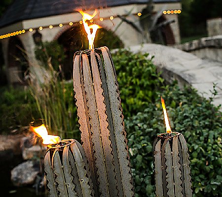 Desert Steel 5' Saguaro Garden Cactus Statue and Tiki Torch