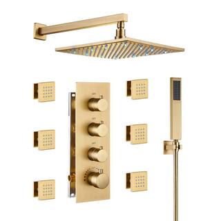 Mondawe Luxury LED Thermostatic 3-Spray Patterns 12 in. Wall Mount Rain Dual Shower Heads with 6-Jet in Brush Gold WF-6374-12-BG