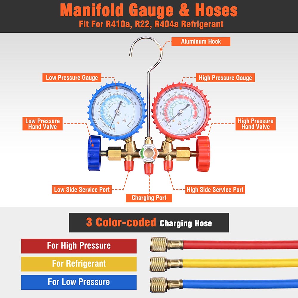 2 Valve R410a Refrigerant Manifold Gauge w/ 3 Hoses Side