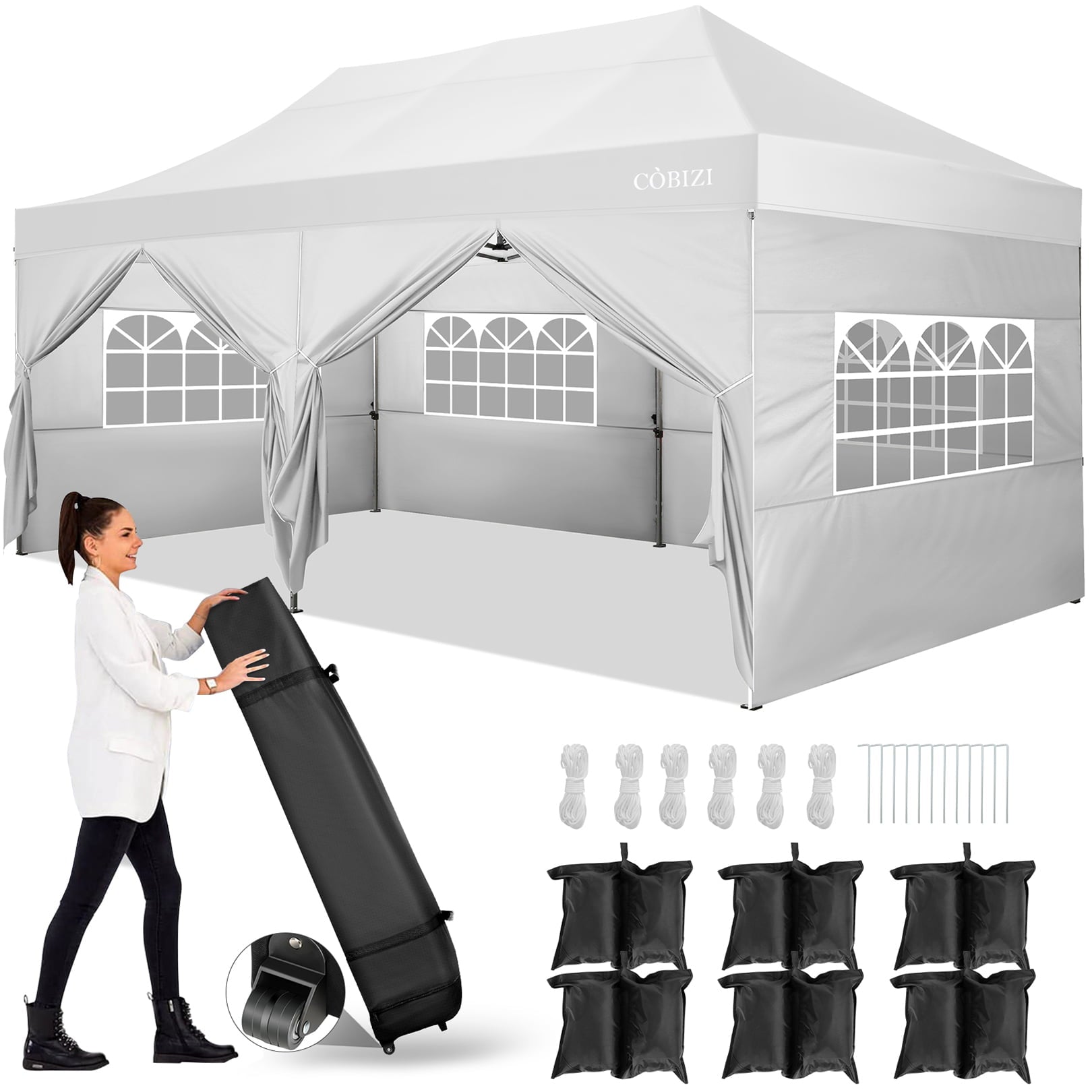 10'x20' Pop Up Canopy Waterproof Folding Tent Outdoor Easy Set-up Instant Tent Heavy Duty Commercial Wedding Party Shelter with 6 Removable Sidewalls, 6 Sandbags, Roller Bag, White