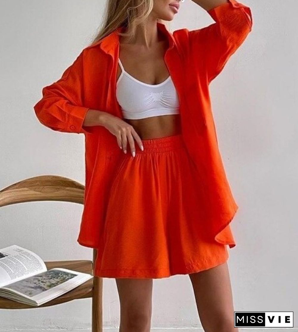 Fashion Solid Color Long Sleeves Shirt Loose Shorts Suit