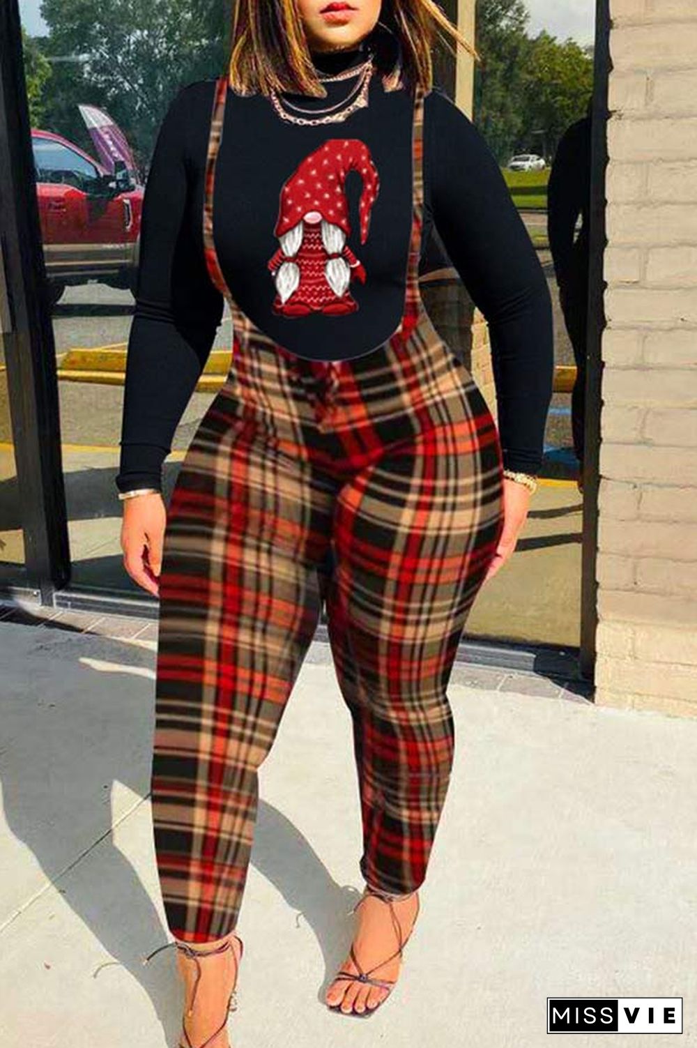 Fashion Long Sleeve Top Plaid Print Pants Set