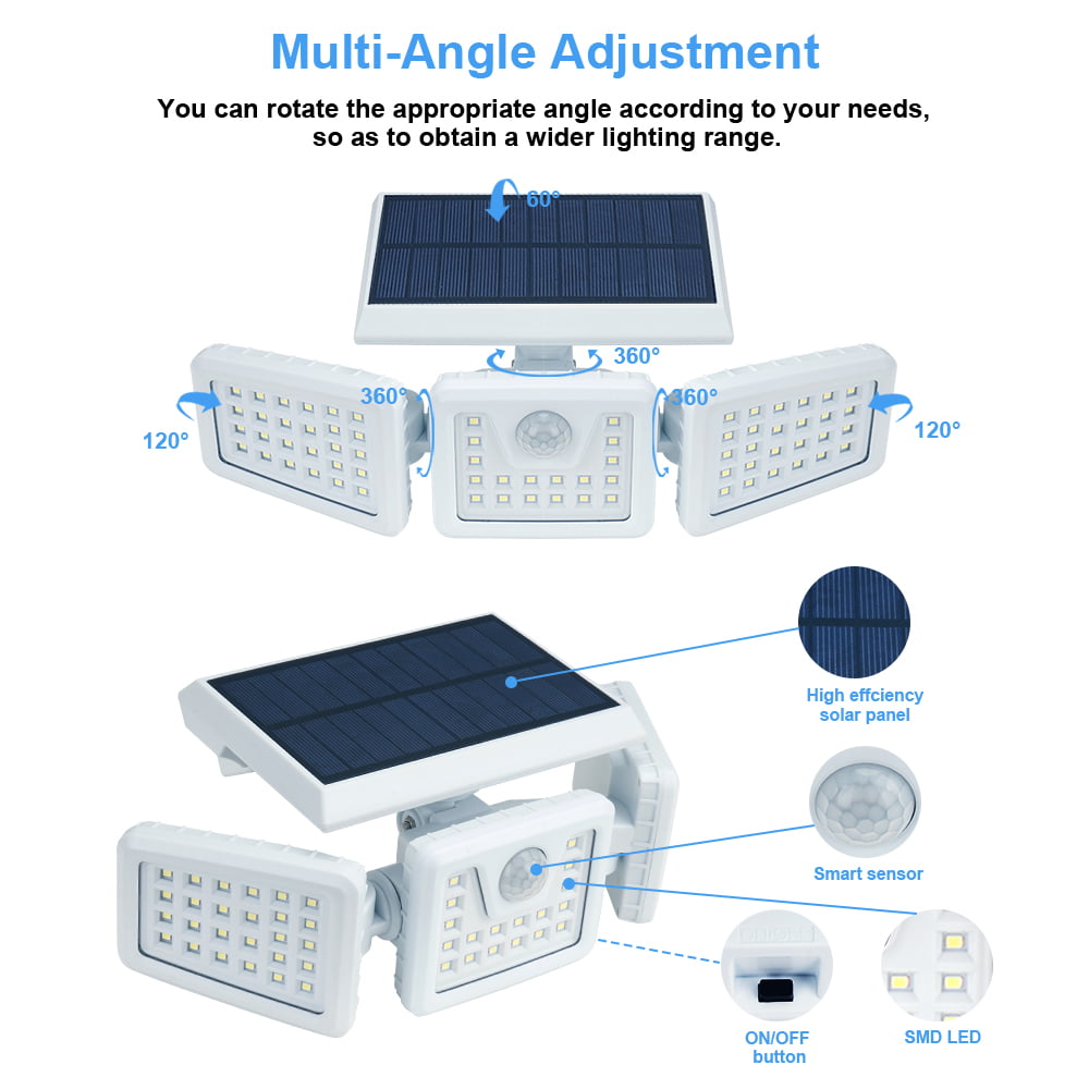 Solar Lights Outdoor， 70LED Wireless LED Solar Motion Sensor Lights Outdoor 3 Adjustable Heads， 270° Wide Angle Illumination， IP65 Waterproof， Security LED Flood Light (White)