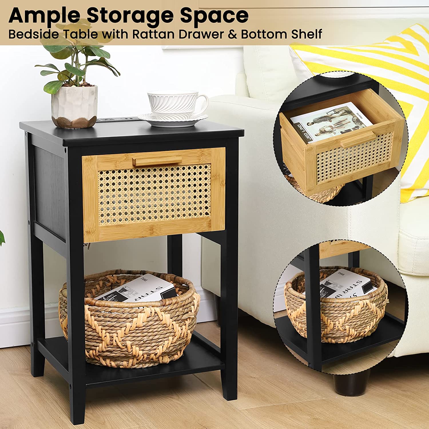 Rattan Nightstand Set of 2 with Charging Station, BedSide Table, Black Finish