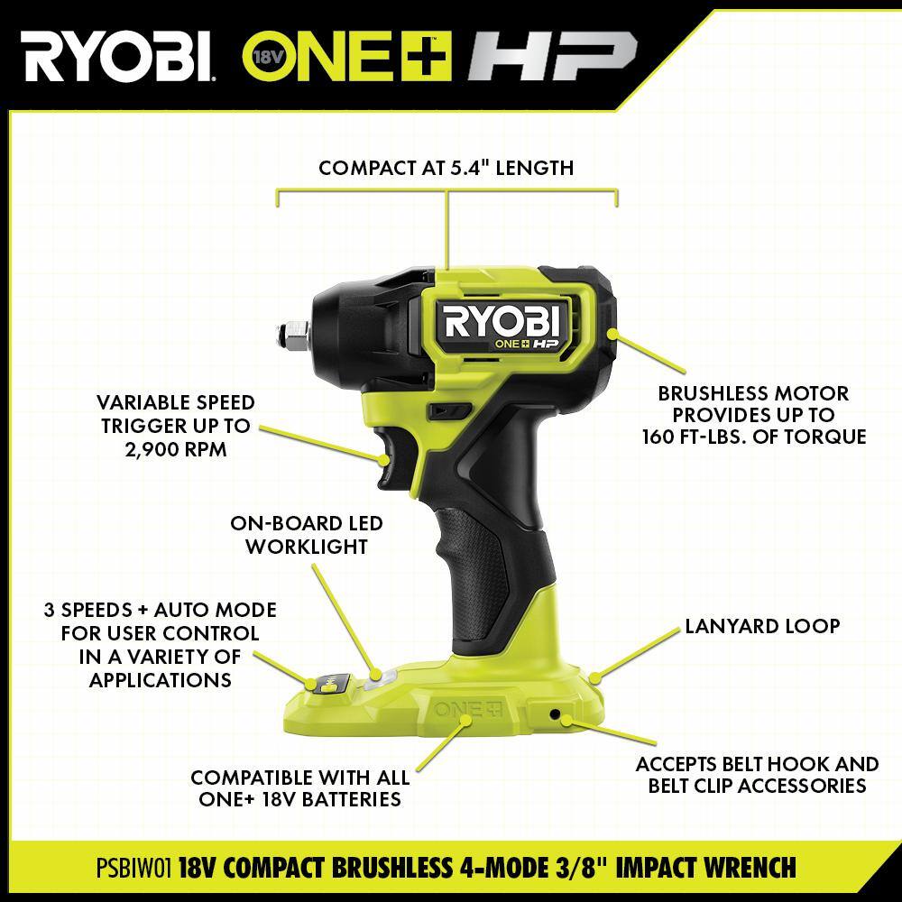 RYOBI ONE+ HP 18V Brushless Cordless Compact 12 in. DrillDriver 4-Mode 38 in. Impact Wrench (2) 1.5 Ah Batteries Charger PSBDD01K-PSBIW01B