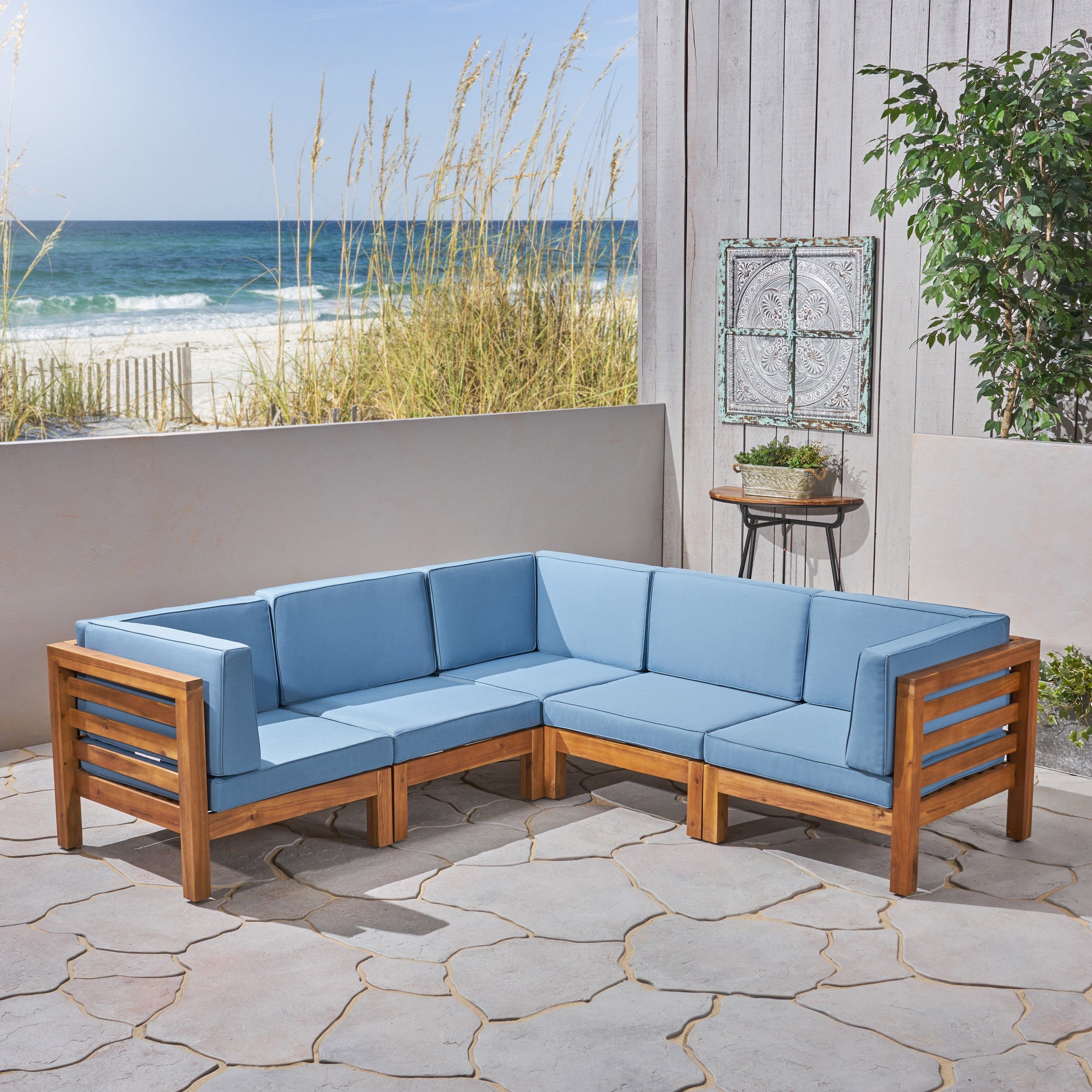 Dawson Outdoor V-Shaped Sectional Sofa Set - 5-Seater - Acacia Wood - Outdoor Cushions