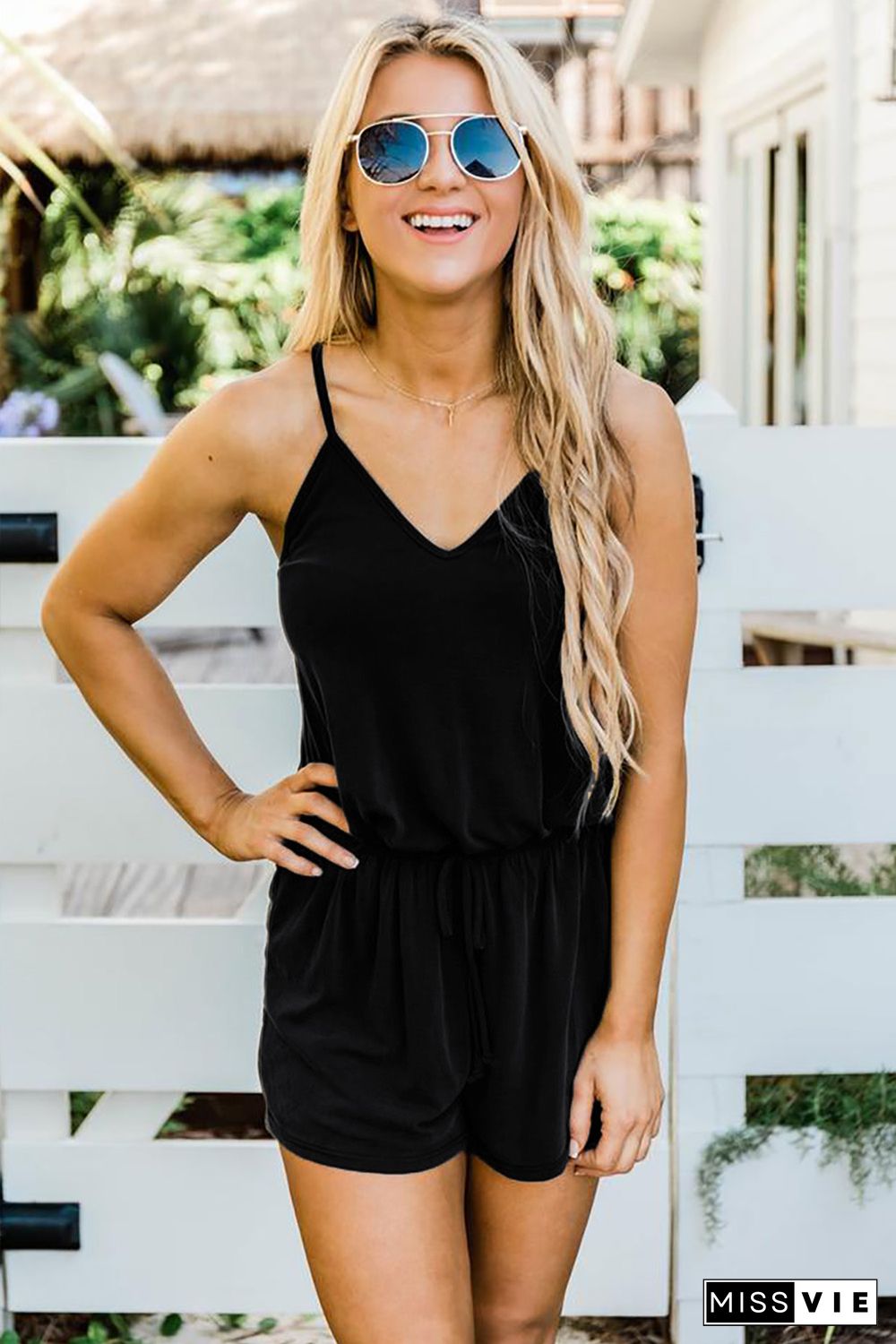 Black Spaghetti Straps V Neck Crisscross Back Romper