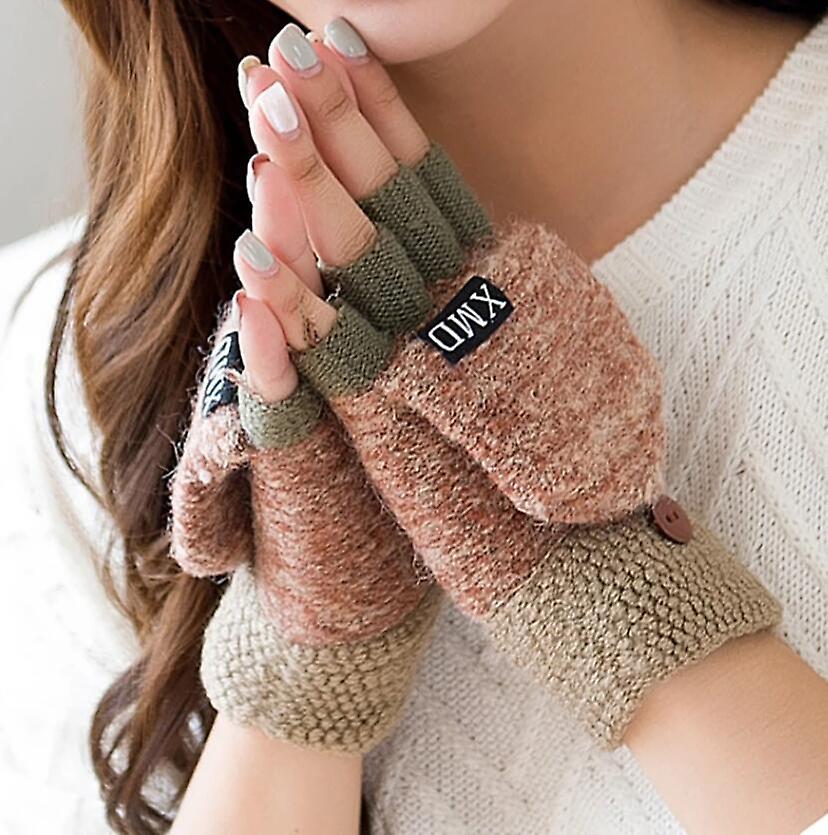 Winter Warm Thickening Wool Gloves Knitted Flip Fingerless Exposed Finger Thick Gloves Without Fingers Mittens Glove Women