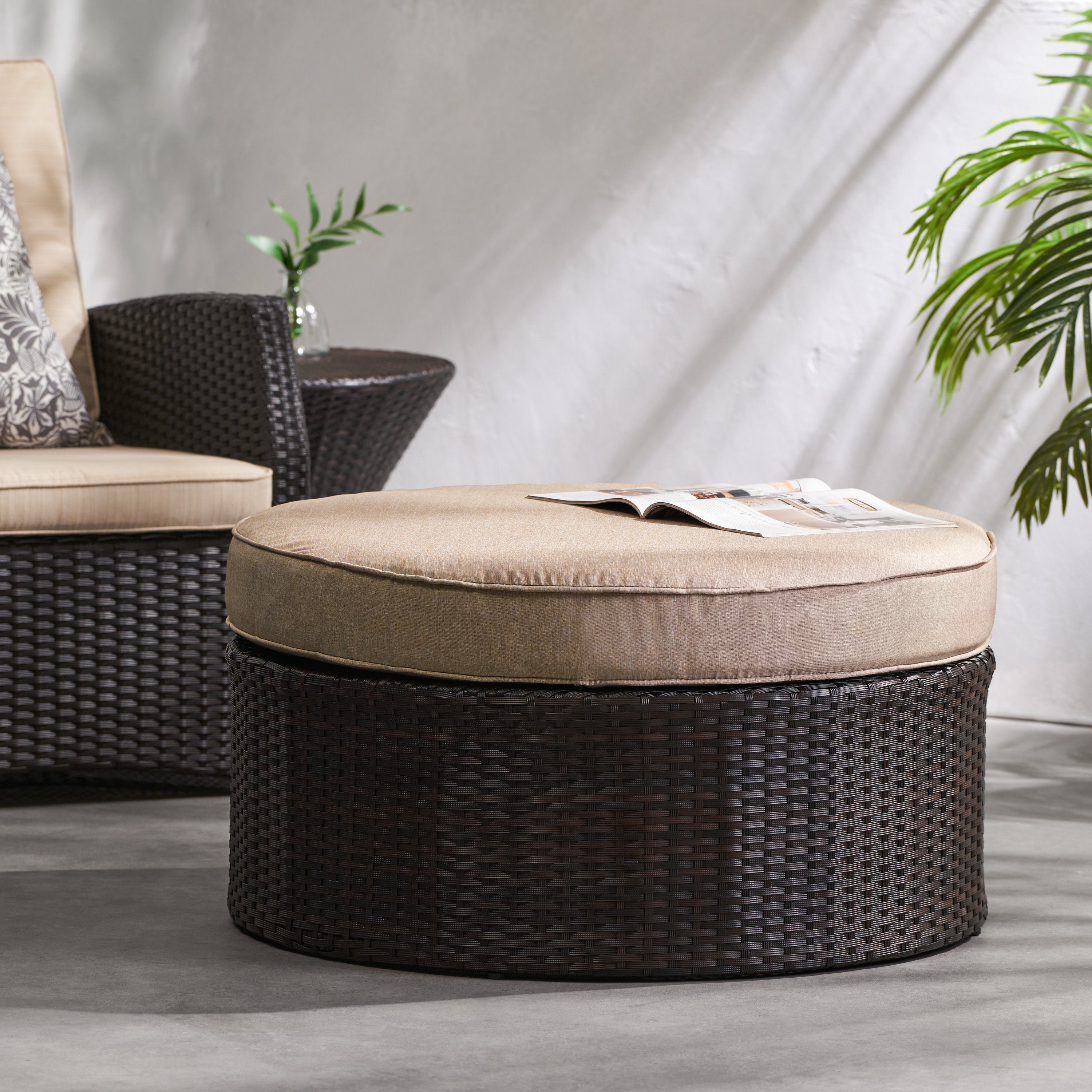 Boden Outdoor Wicker Ottoman with Cushion