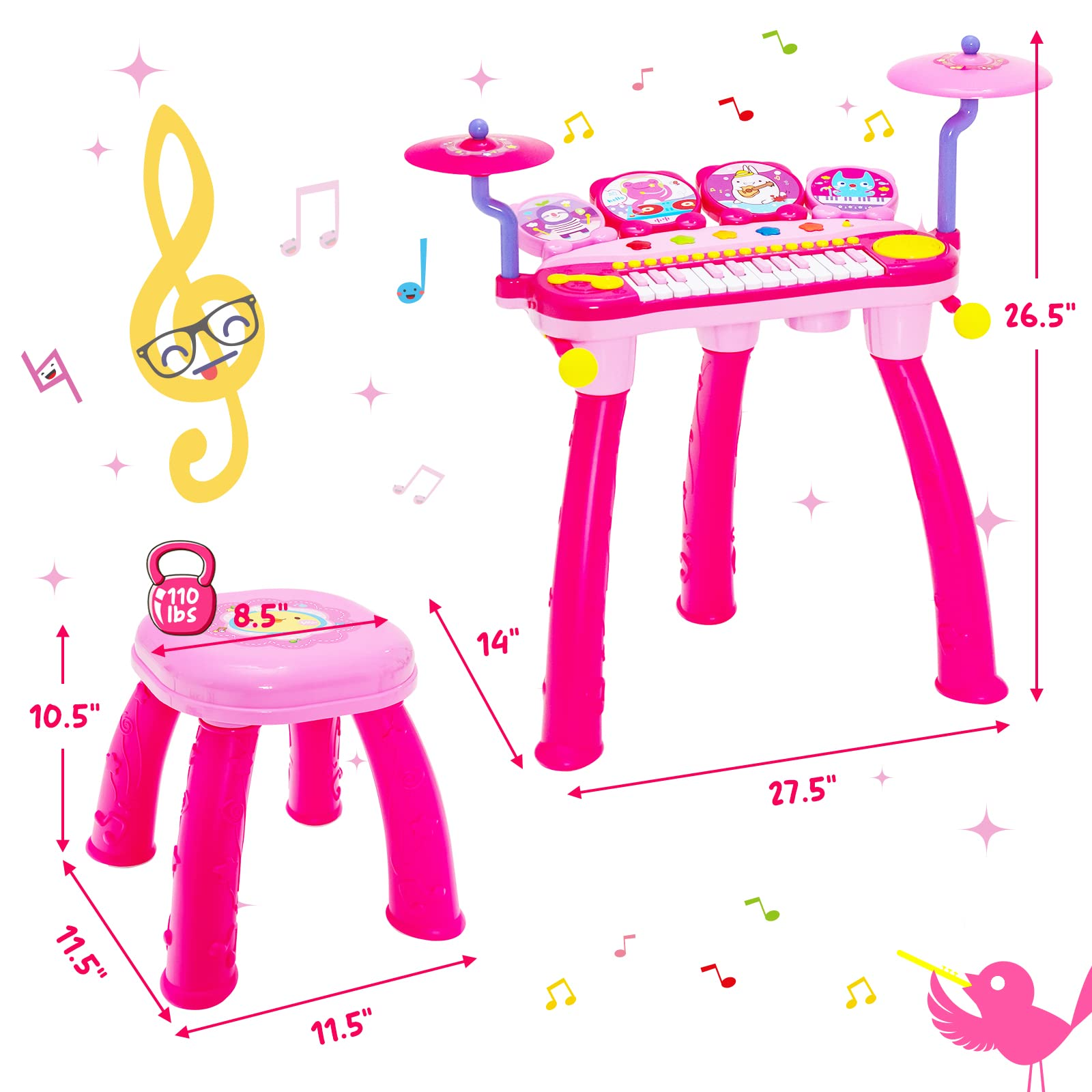 Costzon 24-Key Piano Keyboard DJ Drum Combination, Kids Drum & Electric Keyboard Set with Stool, Microphone