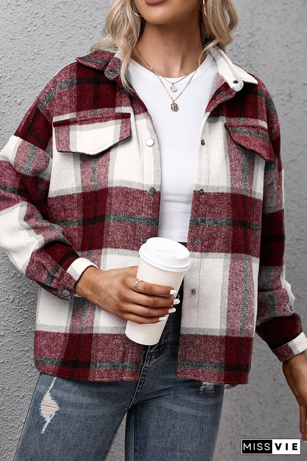 Plaid Turn Down Neck Button Down Shacket Jacket Women Wholesale