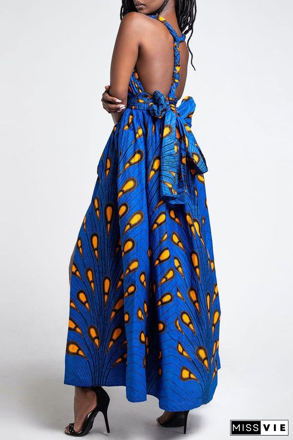 Blue Vintage Print Patchwork Backless V Neck A Line Dresses