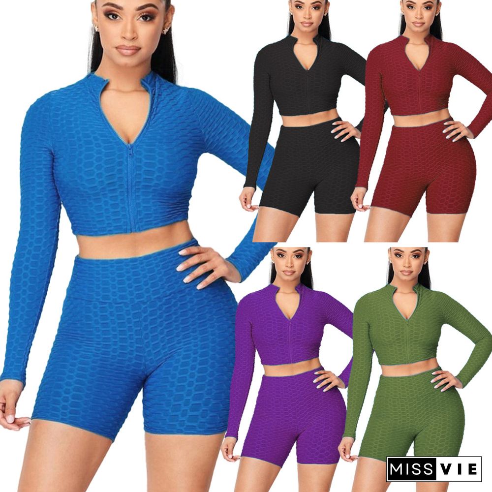 Women Solid Color Pineapple Grid Long Sleeve Zipper Crop Top Coat Slim Shorts Gym Sport 2 Piece Set