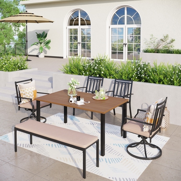 MAISON ARTS Patio Dining Set 6 Pieces with 1 Rectangle Teak Color Table，2 Swivel Chairs，2 Stackable Chairs and 1 Bench