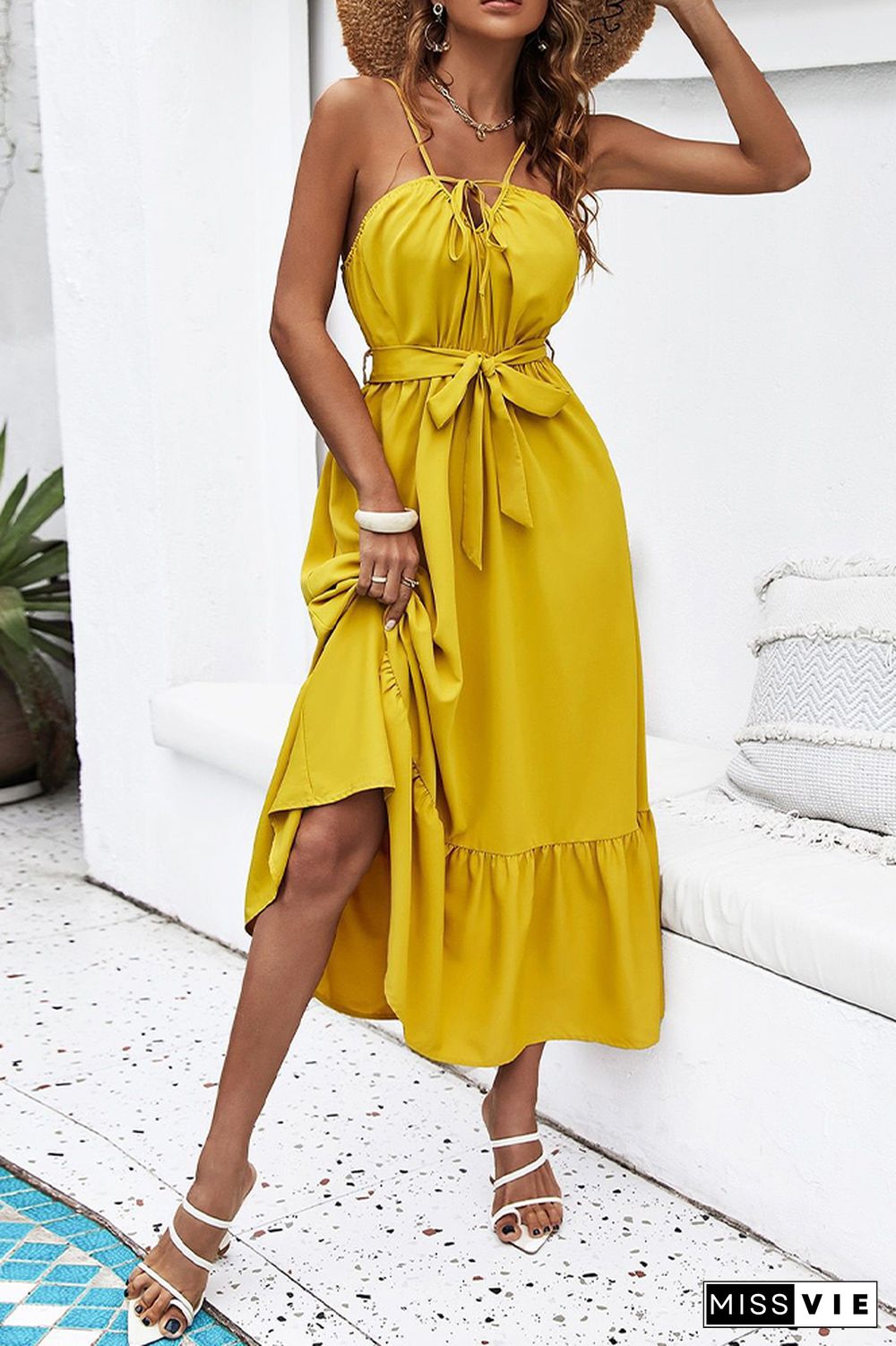 Yellow Sleeveless Swing Long Dress Wholesale