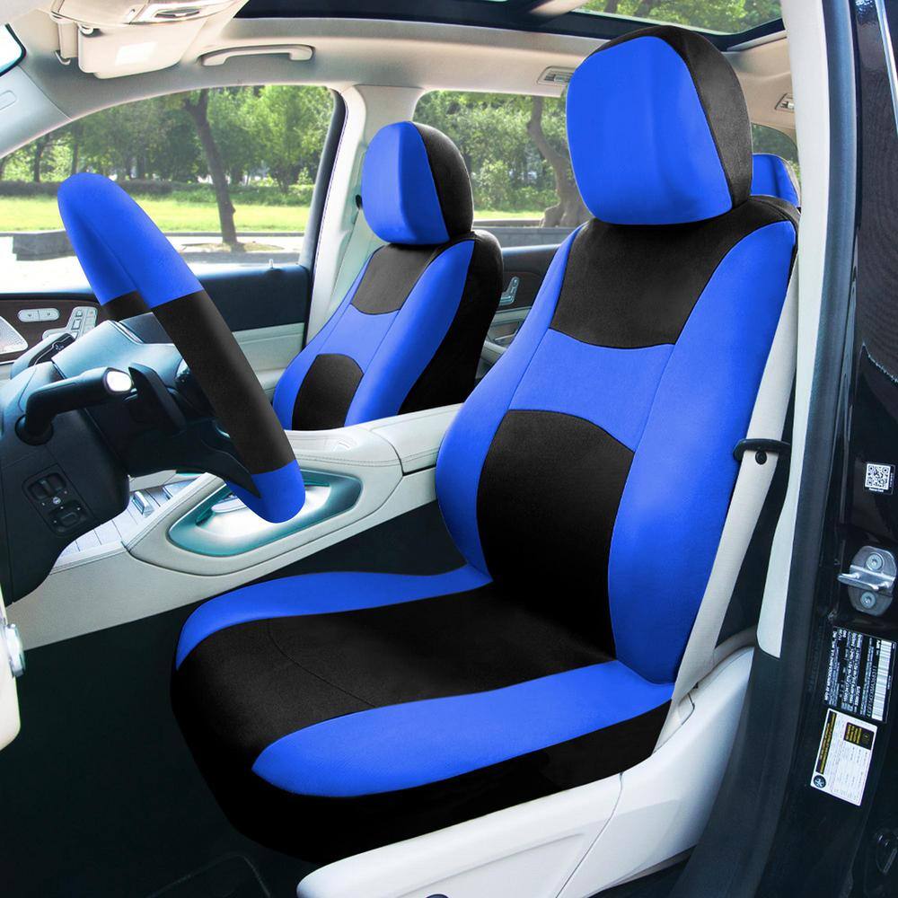 FH Group Light and Breezy Fabric 21 in. x 21 in. x 2 in. Full Set Seat Covers with Steering Wheel Cover and 4-Seat Belt Pads DMFB030BLU115CM