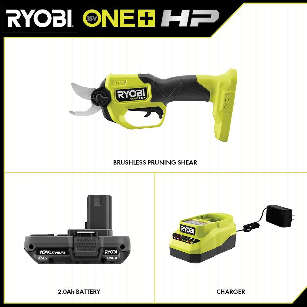 RYOBI ONE+ HP 18V Brushless Cordless Pruner with 2.0 Ah Battery and Charger P2550