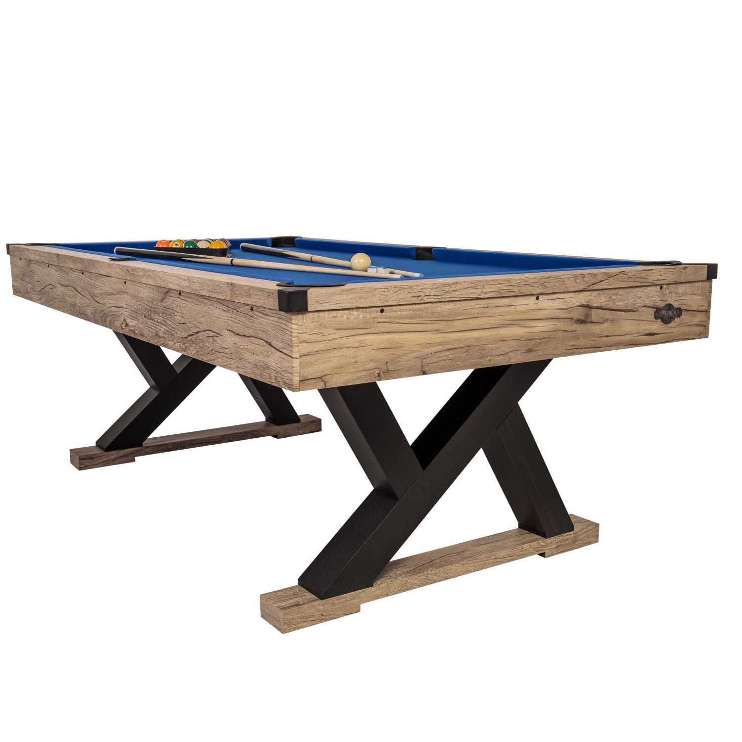 American Legend Kirkwood 84" Billiard Table with Rustic Blond Finish, K-Shaped Legs and Royal Blue Cloth