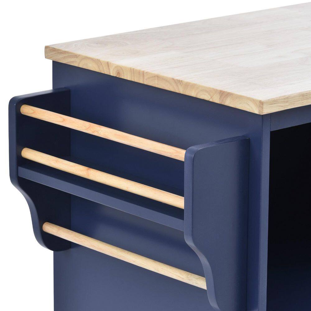 tunuo Dark Blue Rolling Kitchen Island Cart with Rubber Wood Top and Microwave Cabinet (51 in. W) SFWF-296670DB