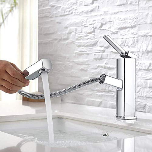 KAIYING Bathroom Sink Faucet with Pull Out Sprayer， Single Hole Utility Bar Sink Faucet， Lavatory Pull Down RV Sink Faucets with Rotating Spout， Single Handle (Regular， Chrome)