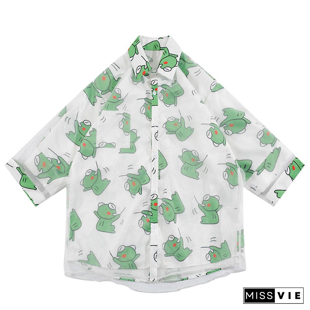 Vintage Cartoon Frog Print Loose Mesh T-Shirt