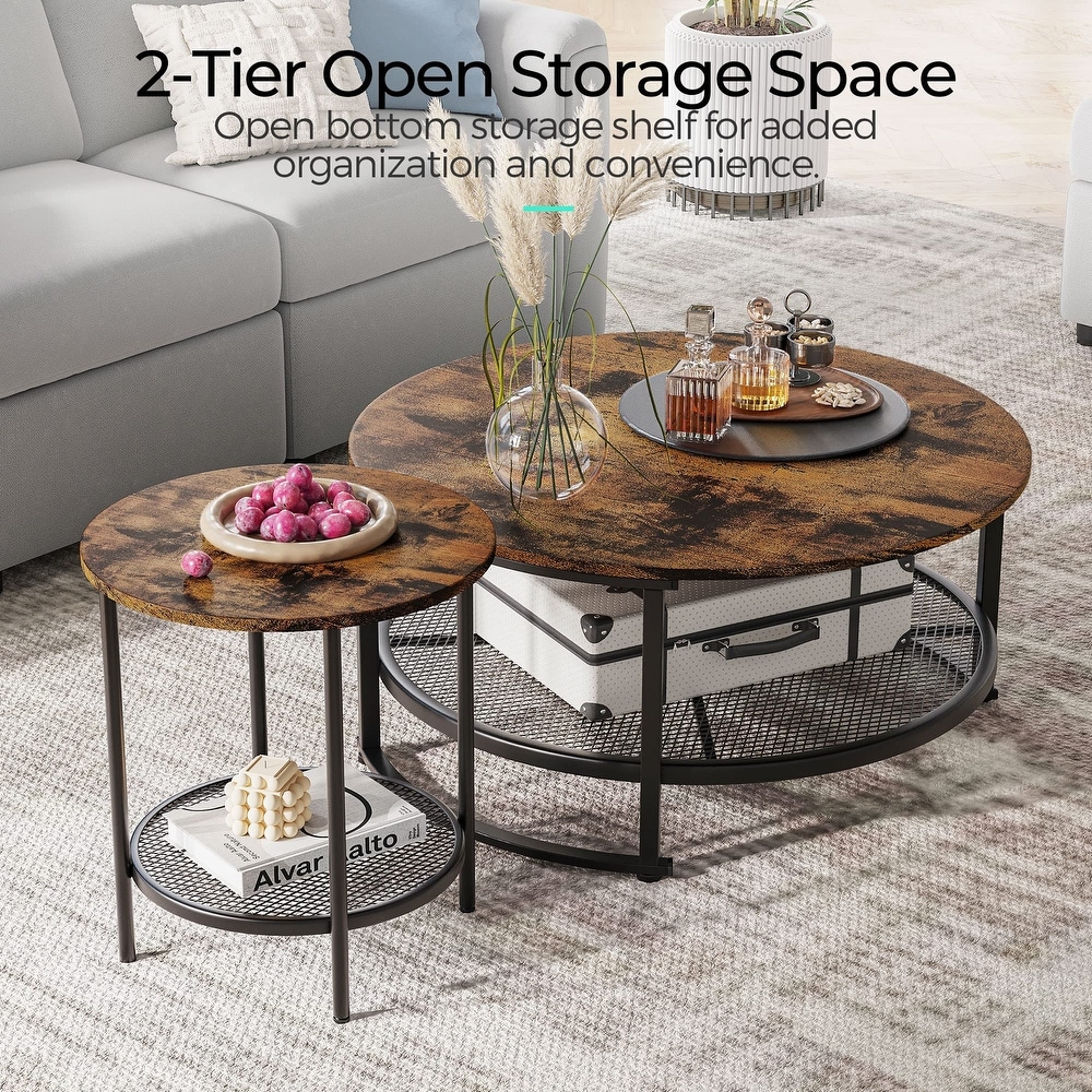 Round Coffee Table and End Table Set for Living Room  Industrial Coffee Table with Open Storage