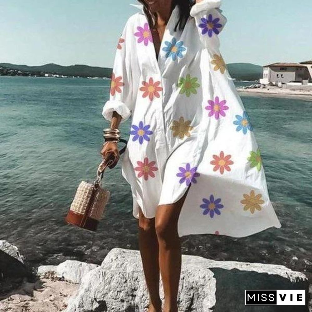 White Lapel Casual Printed Shirt Dress