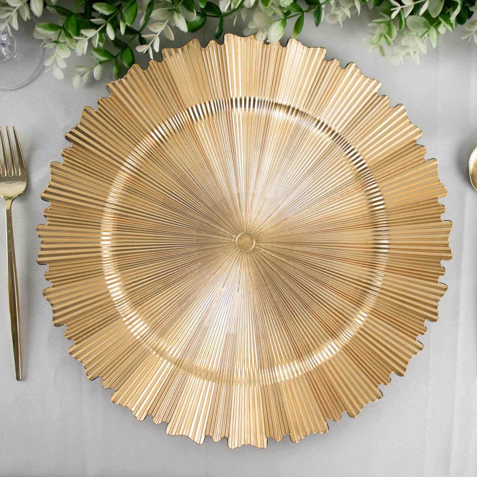 6 Pack Metallic Gold Sunray Acrylic Plastic Serving Plates, Round Scalloped Rim Disposable Charger Plates 13