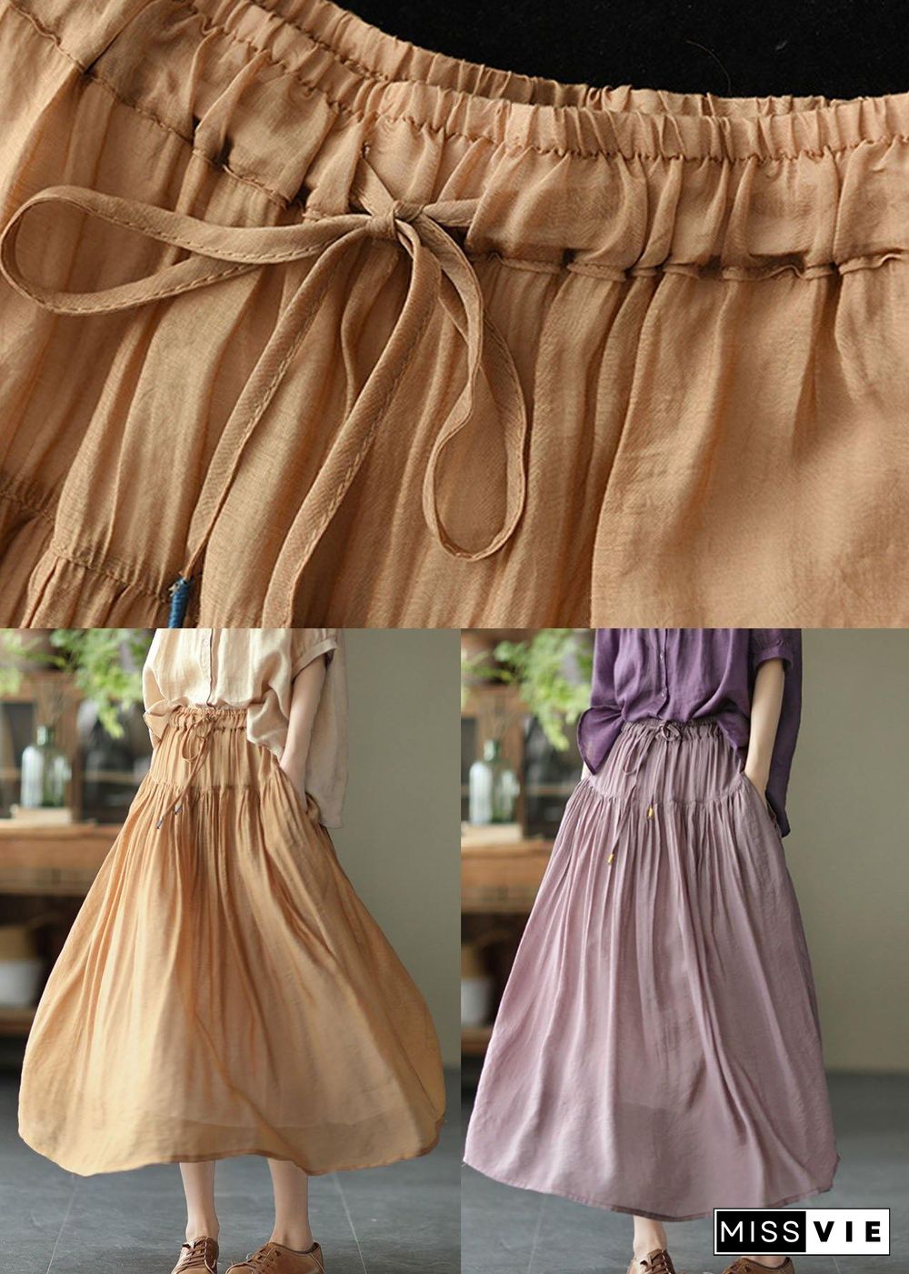 Vintage Light Purple Elegant Patchwork Tie Waist Summer Skirt Linen