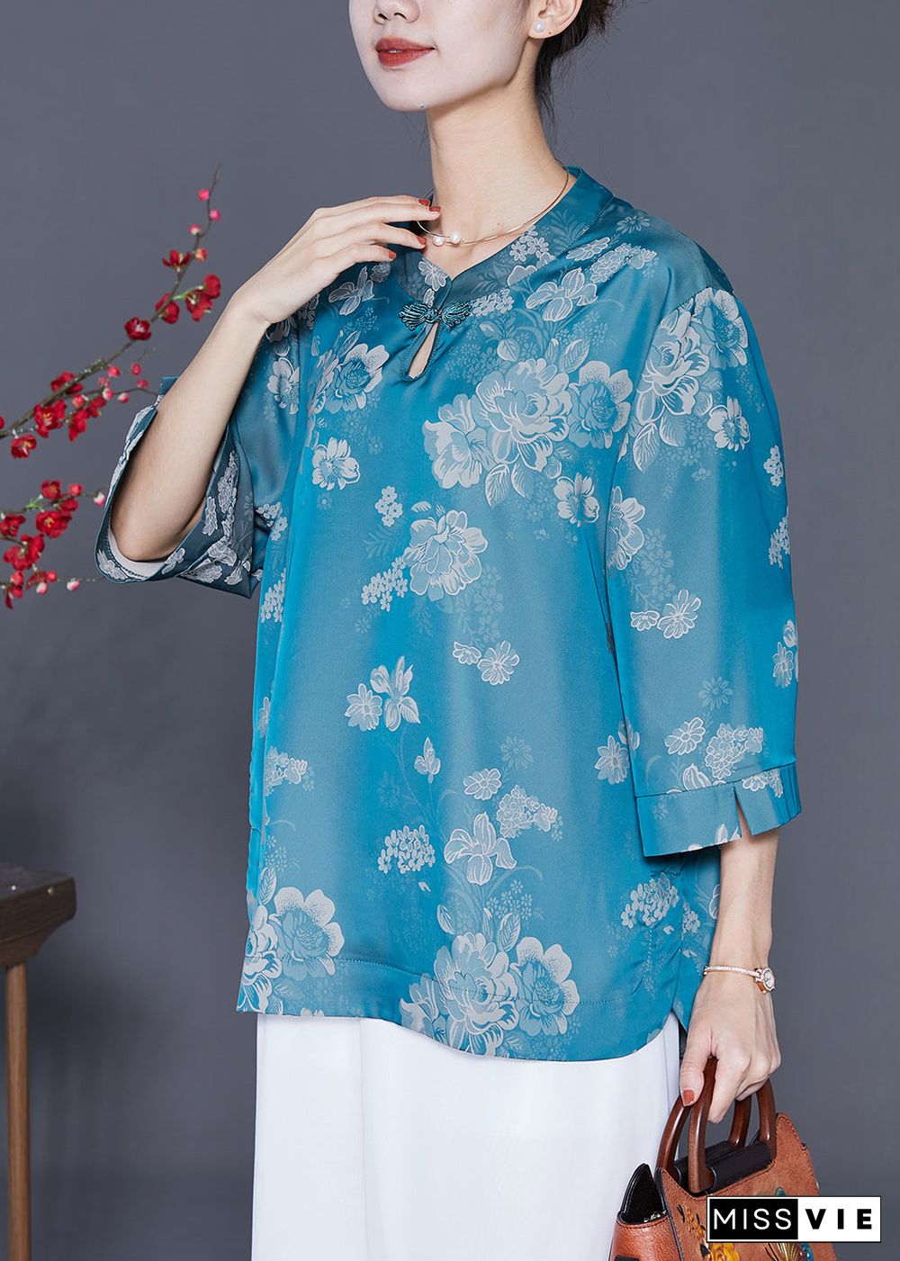 Stylish Blue Oversized Print Silk Shirt Top Bracelet Sleeve