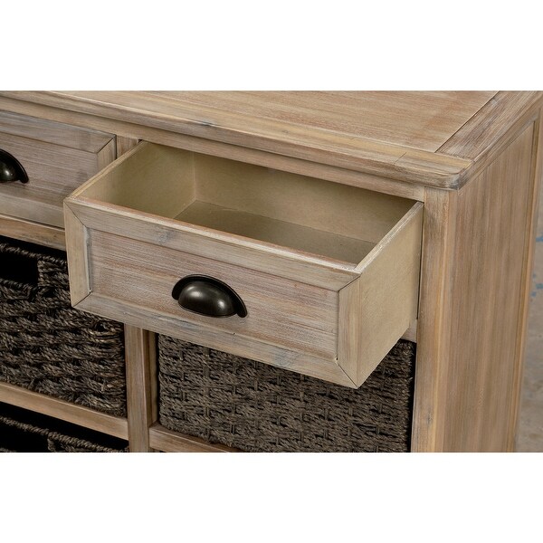 Rustic Storage Cabinet with Two-Drawer and Four Classic Rattan Basket