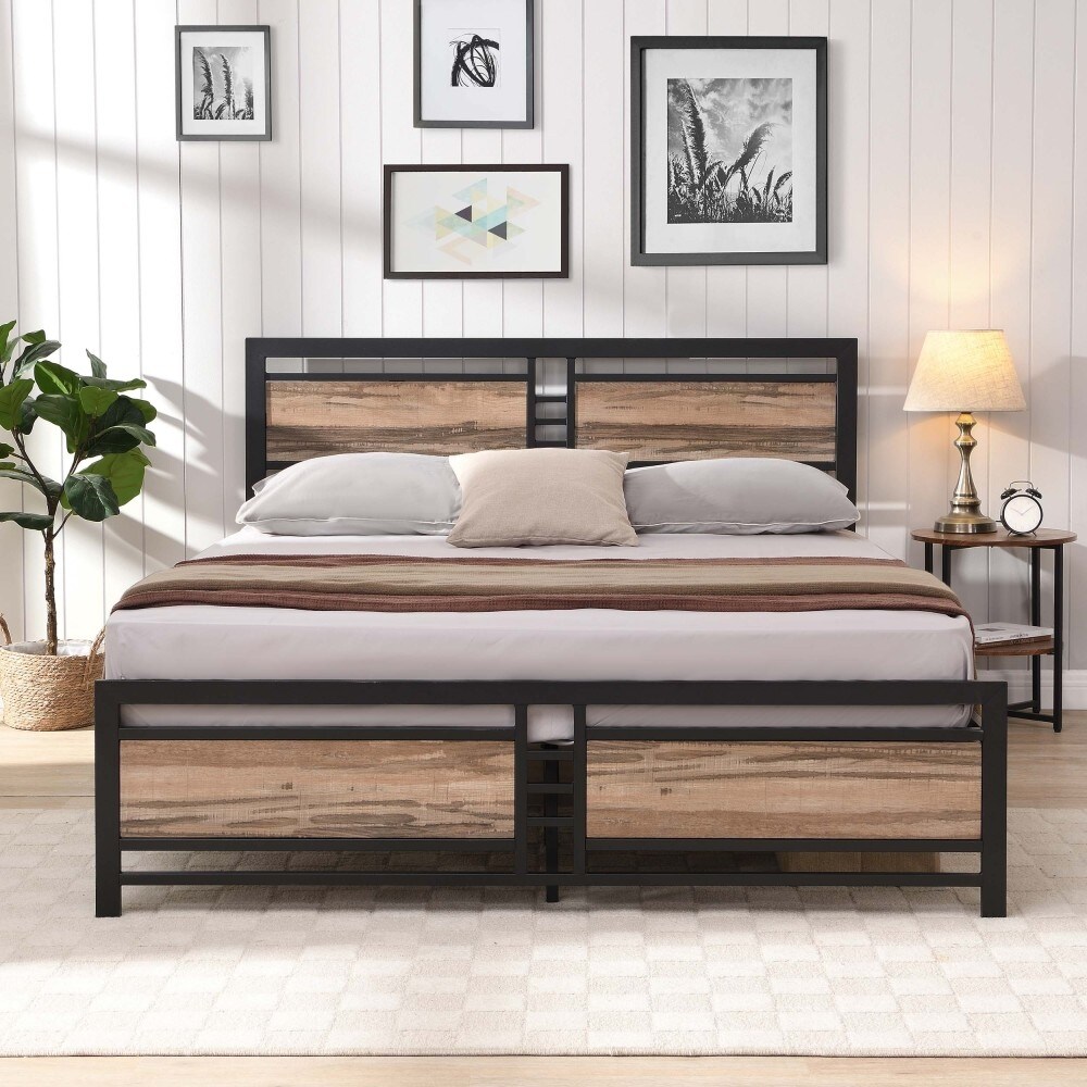 Metal Platform Bed Frame with Wood Headboard and Footboard