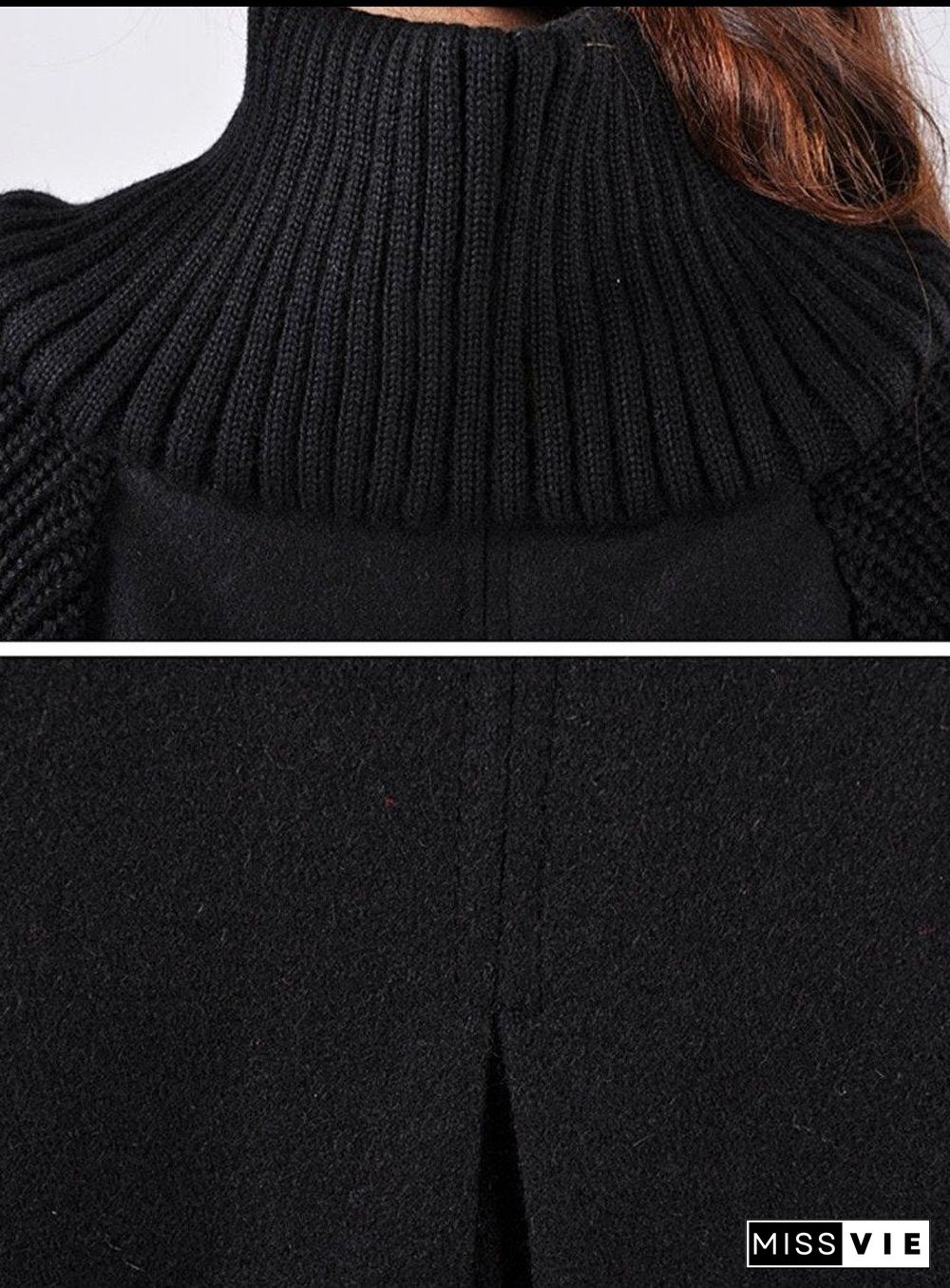 High Neck Patchwork Crochet Curved Hem Plain Raglan Sleeve Long Sleeve Coats