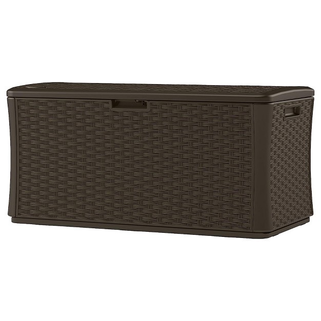 Suncast 134 Gallon Extra Large All weather Wicker Pattern Deck Box With Lockable Lid For Garden Garage Patio Or Outdoor Use Java