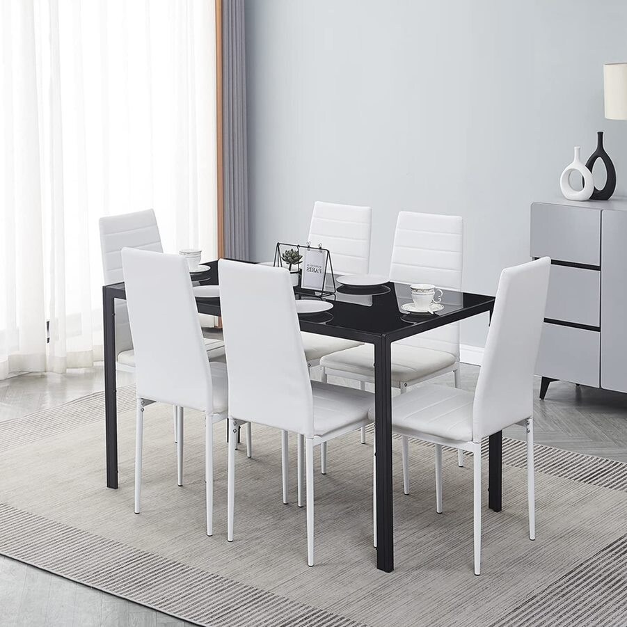 7 Piece Modern Glass Dining Set for 6 with Faux Leather Chairs