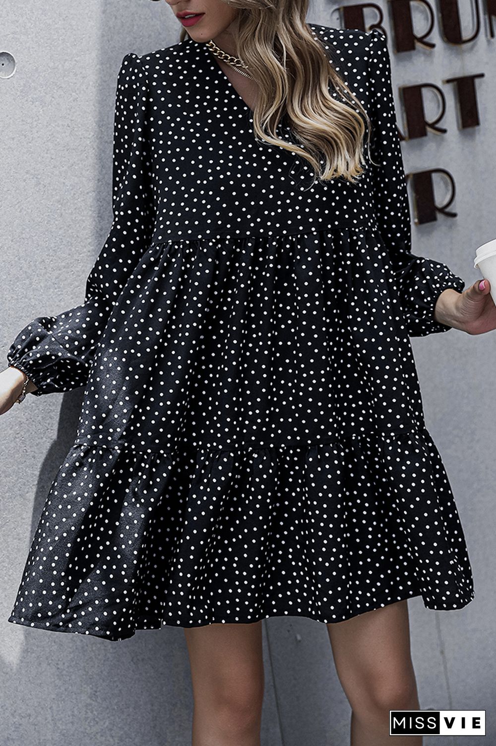 V Neck Spot Print Tiered Mini Dress