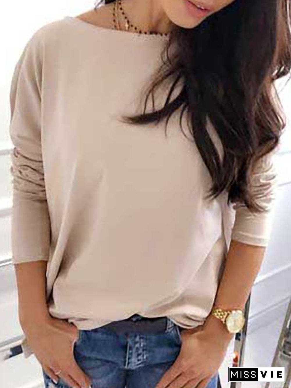 Casual Plain Autumn Micro-Elasticity Loose Jersey Standard H-Line Regular Size T-shirt for Women