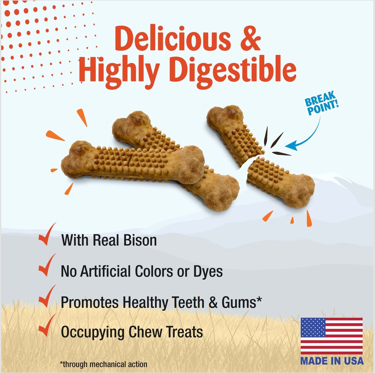 Nylabone Nubz WILD Natural Long Lasting Edible Bison Flavor Small Dog Chew Treat， 4 count