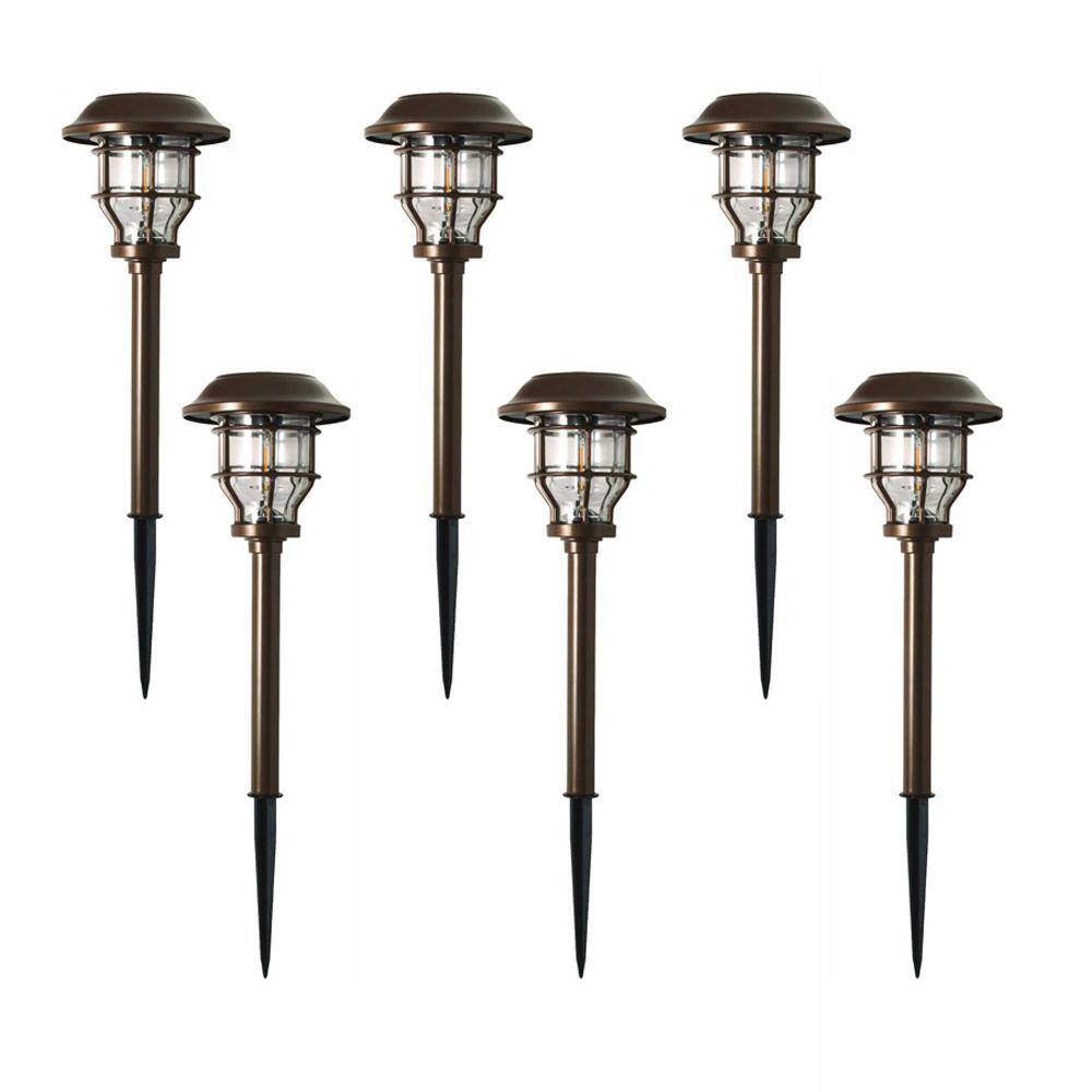 Hampton Bay Solar Brass Outdoor Integrated LED 2500K 10-Lumens Vintage Bulb Landscape Pathway Light Set (6-Pack) NXT-1742