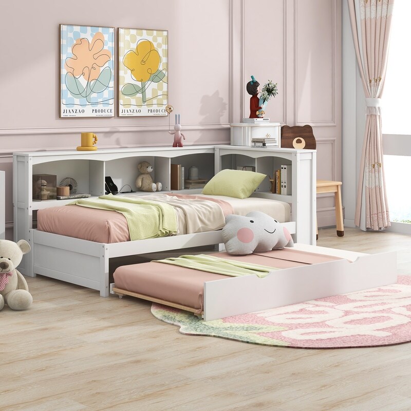 Twin Size Day Bed with Bookcases  Daybed with Trundle USB Ports and 5 Built in Storage Cabinets  Wood