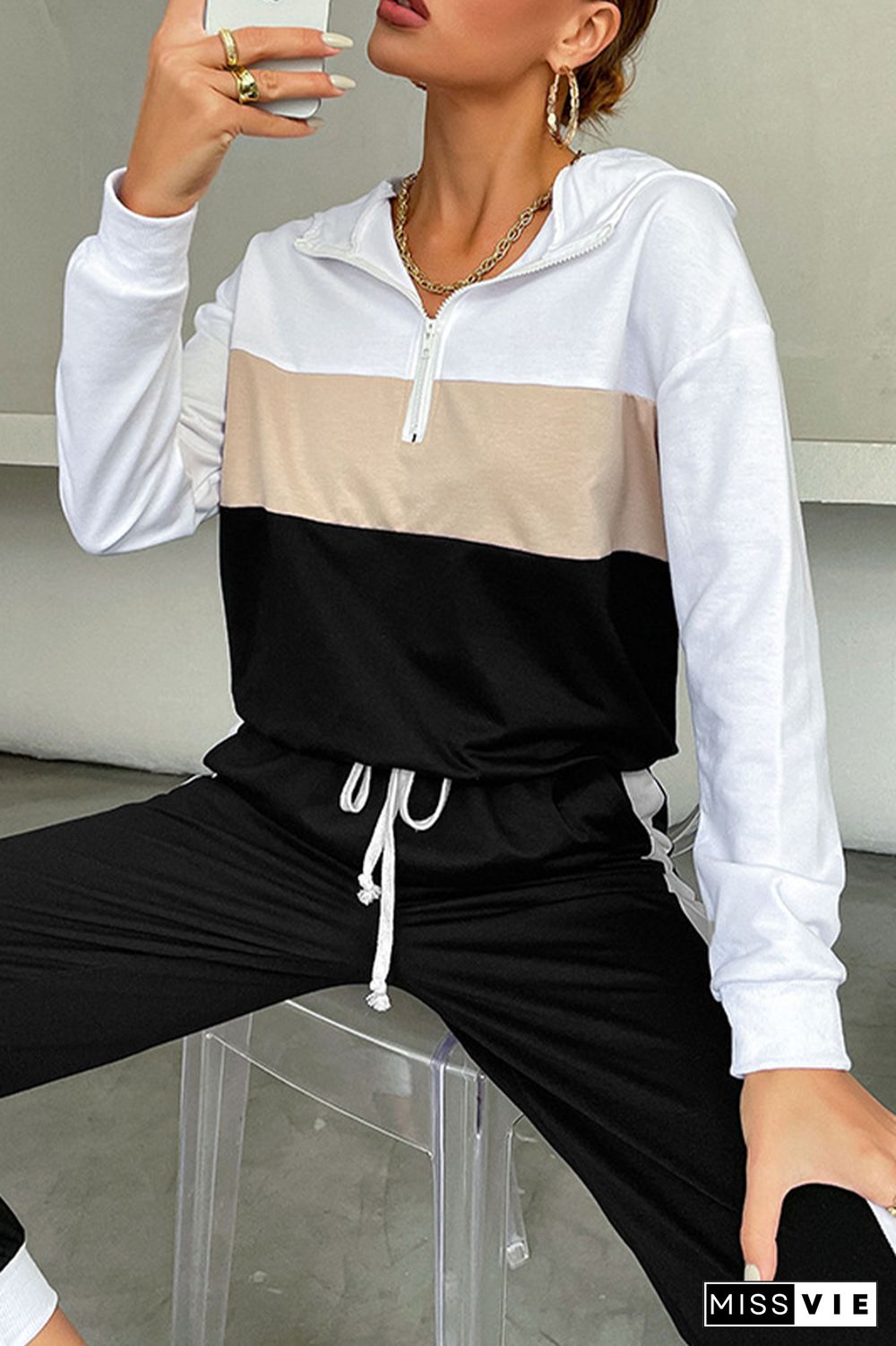 Zipper Hoodie Patchwork Drawstring Top & Pants Sports 2 Pcs Set Wholesale