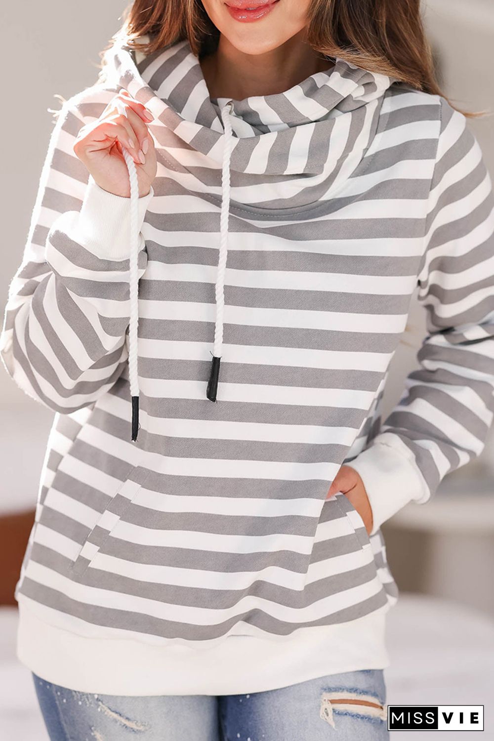 Contrast Cuffs Long Sleeve Striped Hoodie